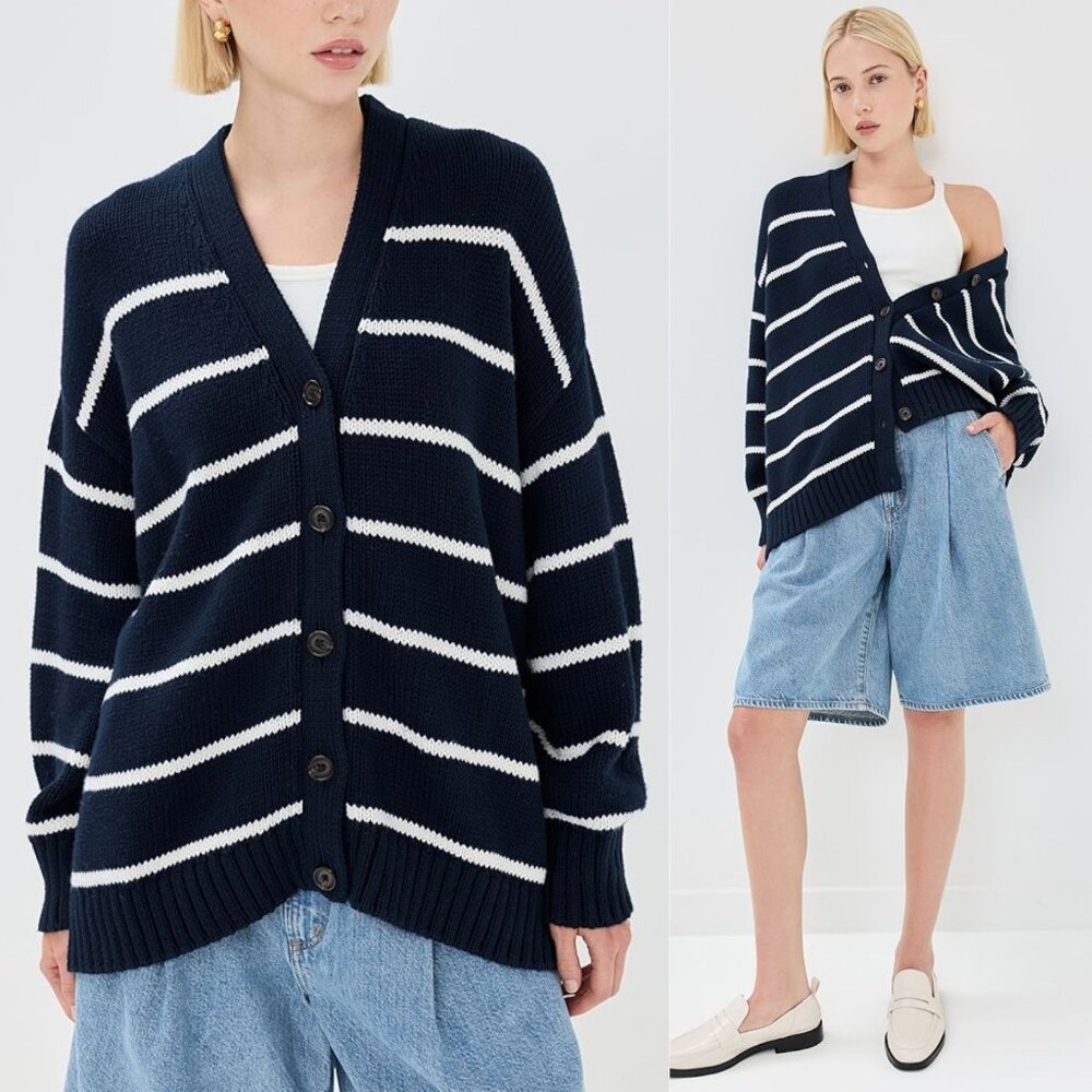 Jenni Kayne Chloe Cardigan Navy Ivory Striped Cotton Button Front‎ Size M - Picture 2 of 11